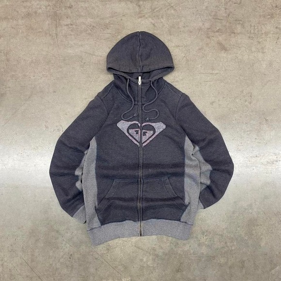 Roxy Tops - Women's Grey Roxy zip-up hoodie with pink heart logo